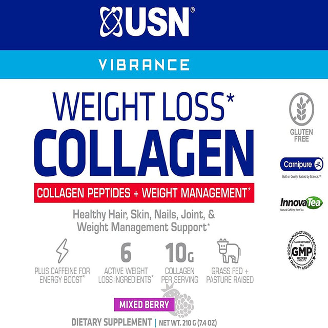 USN Supplements Weight Loss Collagen Peptides Grass Fed Protein Powder for Men and Women with Joint and anti Aging Support, Mixed Berry, 15 Servings