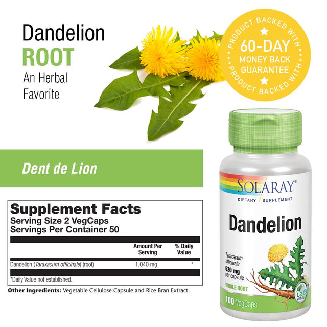 Solaray Dandelion Root 1040Mg | Healthy Liver, Kidney, Digestion & Water Balance Support | Whole Root | Non-Gmo, Vegan & Lab Verified | 100 Vegcaps