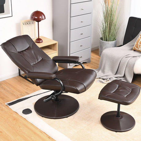 Costway 360° Swivel Recliner Chair PVC Leather Lounge Accent Armchair W/ Ottoman Brown