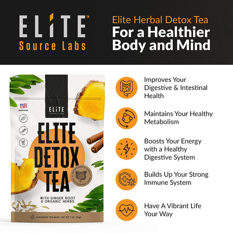 Elite Detox Tea: Natural Organic 7-Herbal Blend for Gentle Cleansing as Needed. Bloating Tea. Constipation Tea - 14 Loose Leaf Tea Bags - Boost Your Digestive Health, Made in USA