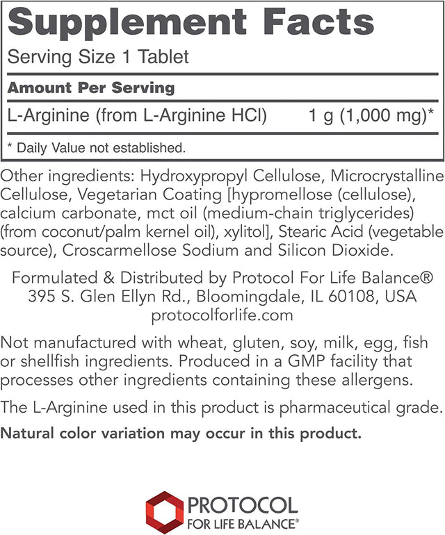 Protocol L-Arginine 1,000Mg - Nitric Oxide Precursor, Urea Metabolism & Protein Production* - Amino Acid Supplement - Pharmaceutical Grade - Dairy-Free, Keto-Friendly, Halal, Kosher - 120 Veg Caps