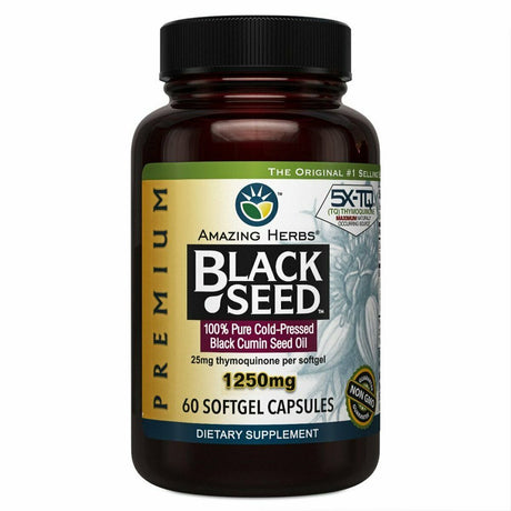 3 Pack Amazing Herbs Premium Black Seed Oil 1250 Mg Dietary Supplement Softgel Capsule 60 Ct