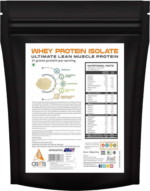 AS-IT-IS Nutrition Whey Protein Isolate 90% - 1 Kg/35.2 Oz | Protein 27G & Bcaa 5.9G per Serving Rich in Branched Chain Amino Acids Leucine, Isoleucine and Valine