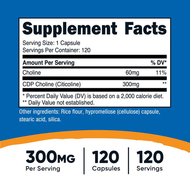 CDP Choline, Citicoline, 300 Mg, 120 Capsules, Nutricost