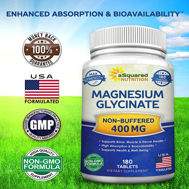 Magnesium Glycinate 400Mg - 180 Tablets - Max Strength Magnesium Bisglycinate Chelate Supplement - Maximum Bioavailability & Absorption - Non-Gmo - Supports Muscles, Bones & Heart