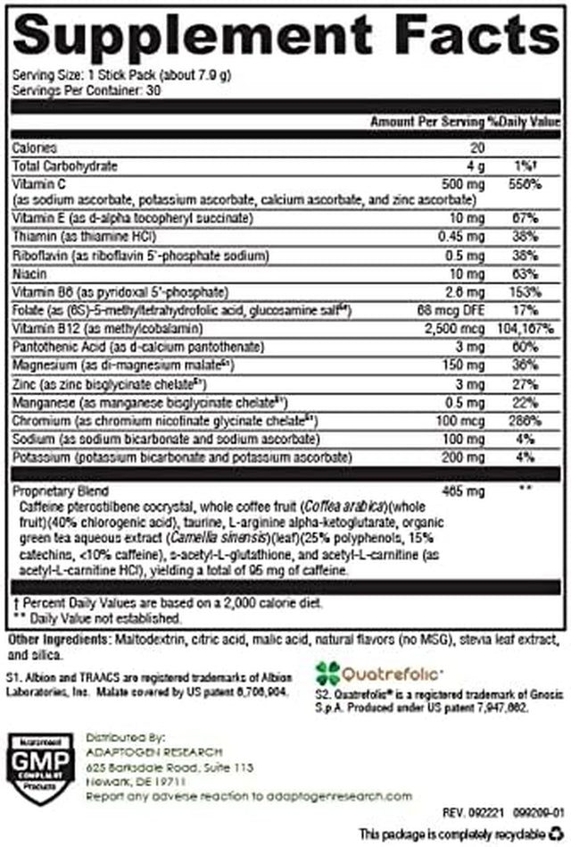 ATP Natural Citrus Flavor | Energy Electrolytes Antioxidants Drink | with Purenergy Blend, Quatrefolic, Methylcobalamin, Vitamins, Trace Minerals | 30 Stick Pack (8.6G)