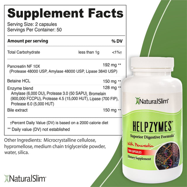 Naturalslim Helpzymes® W/ HLC Acid & Pancreatin - Digestive Enzymes 100 Capsules