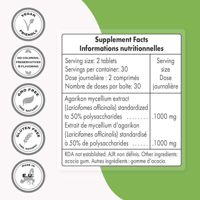 Supersmart - Agarikon Mushroom Supplement 1000 Mg per Day (50% Polysaccharides) | Non-Gmo & Gluten Free - 60 Tablets