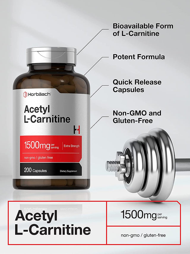 Acetyl L-Carnitine 1500Mg | 200 Capsules | Extra Strength ALCAR Supplement | Non-Gmo, Gluten Free | by Horbaach