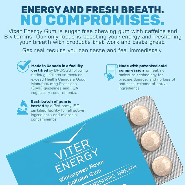 Viter Energy Caffeinated Gum 60Mg Caffeine, B Vitamins, Guarana, Sugar Free. (Wintergreen, 12Pcs, 6 Pack)