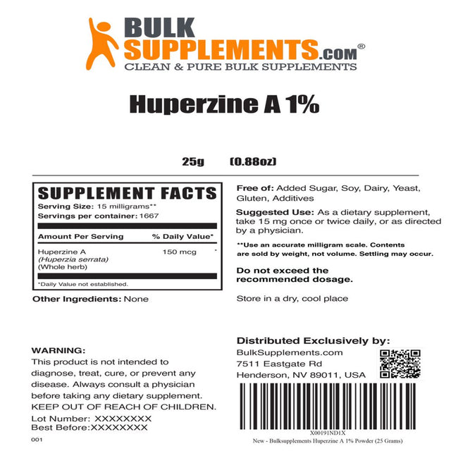 Bulksupplements.Com Huperzine a 1% Powder - Focus Supplement - Memory Supplement for Brain - Nootropic Supplement - Cognitive Focus (25 Grams)