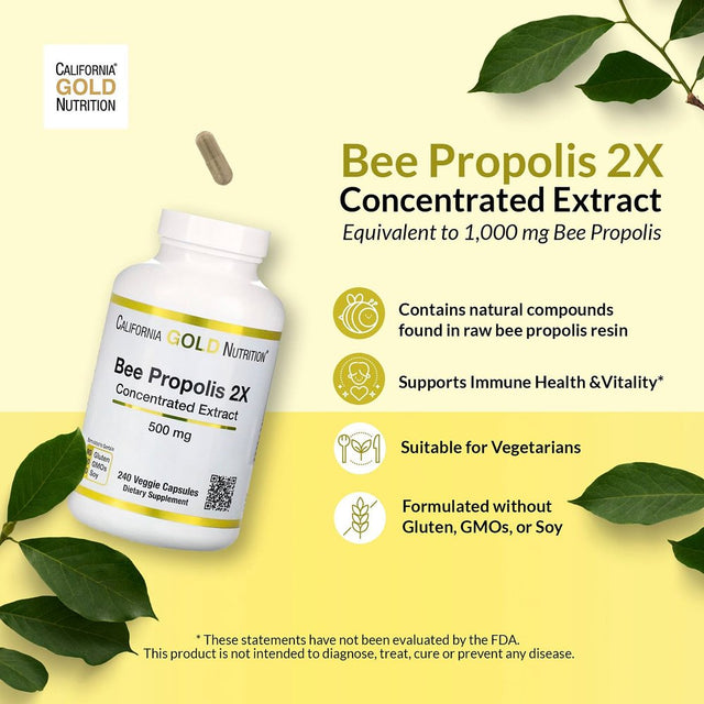 Bee Propolis 2X Potency, Concentrated Extract 500 Mg, Equivalent to 1000 Mg of Natural Propolis, Support Immune Health & Vitality*, 240 Veggie Capsules