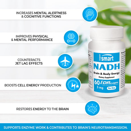 Supersmart - NADH 5 Mg per Day (Nicotinamide Adenine Dinucleotide) - Energy ATP Supplement - Brain Pills - Jet Lag Support | Non-Gmo & Gluten Free - 60 DR Capsules