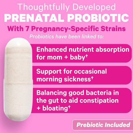 Pink Stork Prenatal Probiotics for Pregnancy, Daily Digestive Support with Prebiotics & B6, 30 Ct