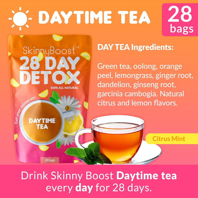 Skinnyboost 28 Day Detox Tea Kit: 1 Daytime Tea (28 Bags) 1 Evening Detox Tea (14 Bags) Non GMO, Vegan, All Natural Detox and Cleanse plus Youth Boost Multi-Collagen Powder