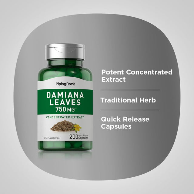 Damiana Leaves 750 Mg | 200 Quick Release Capsules | Non-Gmo, Gluten Free | by Piping Rock