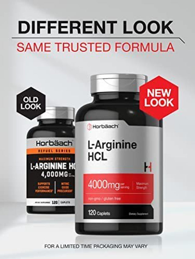 L-Arginine 4000Mg | 120 Caplets | Maximum Strength Nitric Oxide Precursor | Vegetarian, Non-Gmo, Gluten Free Supplement | by Horbaach