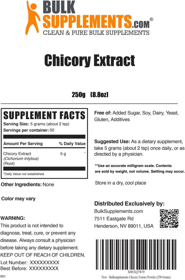 Bulksupplements.Com Chicory Extract Powder - Chicory Root Supplement, Fiber Supplement, Chicory Root Powder - Chicory Root Coffee Alternative, Gluten Free, 5G per Serving, 250G (8.8 Oz)