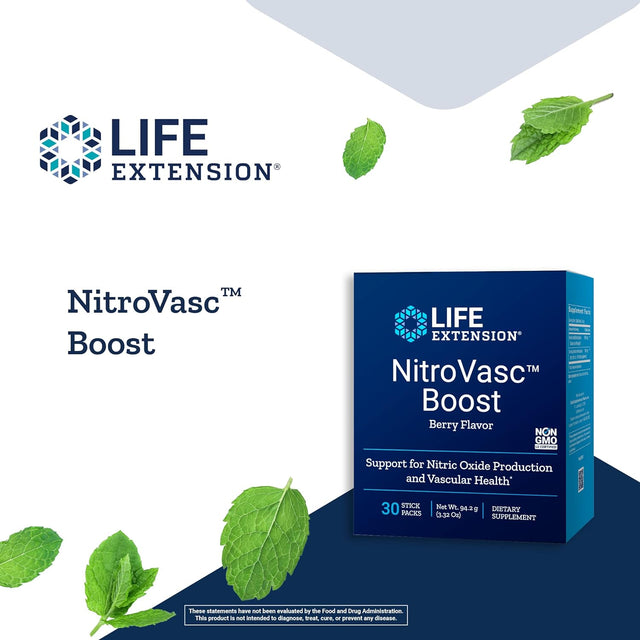 Life Extension Nitrovasc Boost - Circulatory Health Supplement for Men - Arginine & Aronia for Nitric Oxide Production Support & Heart Health – Berry Flavor, Gluten-Free, Non-Gmo – 30 Stick Packs