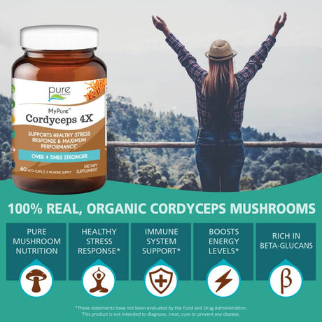 Mypure Cordyceps 4X Mushroom Supplement by Pure Essence - 100% Real Mushroom Extract for Immune System Support, Combat Stress, Build Energy - 60 Capsules