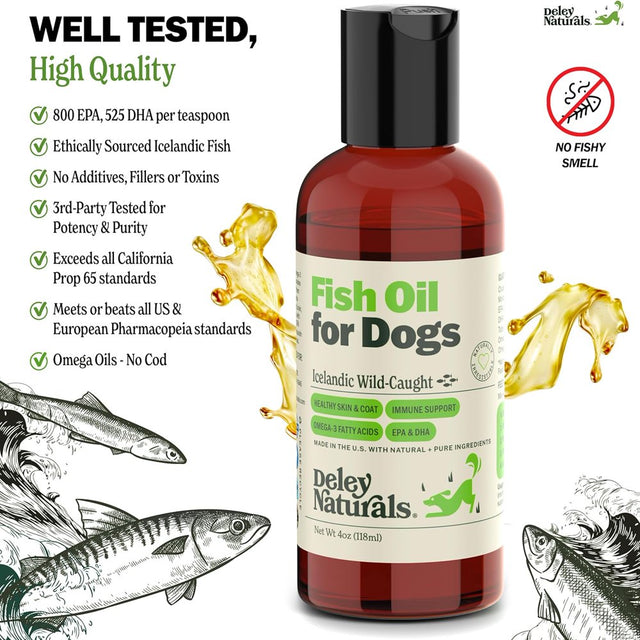 Deley Naturals Wild Fish Oil Liquid Food Supplement for Dogs - Supports Skin, Immune System, 4Oz