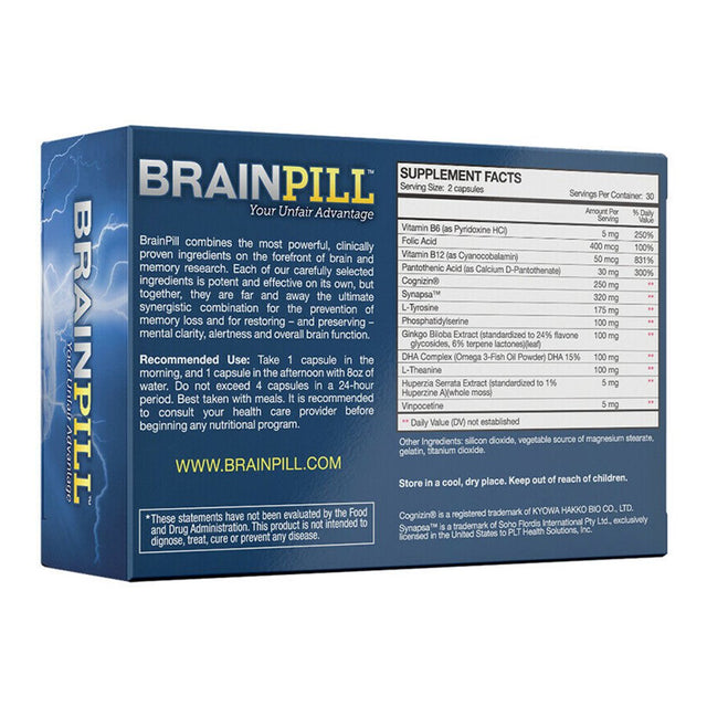 BRAIN PILL Nootropic Supplement 1 Month Supply 60 Capsules per Box Natural Vitamins Brainpill