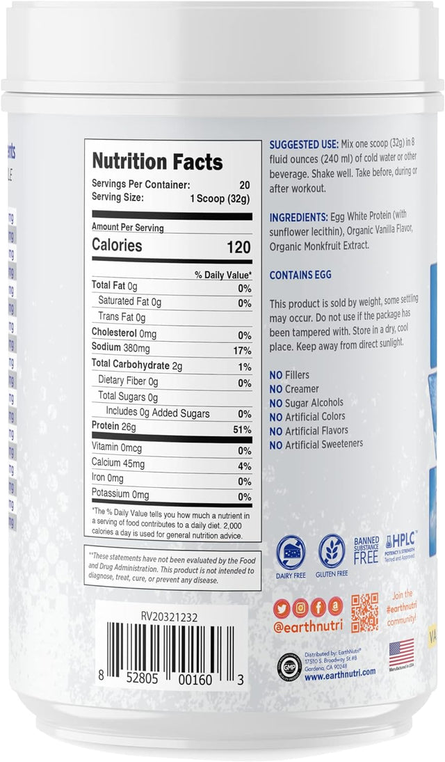 Earthnutri - Egg White Protein Powder for Workout and Muscle Growth Support, Non-Gmo and Gluten-Free Vanilla Egg White Protein, Makes 20 Protein Drinks