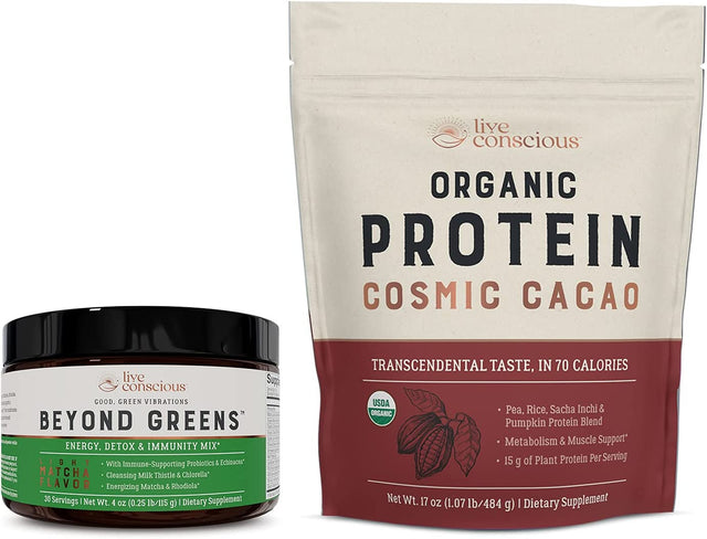 Live Conscious beyond Greens Concentrated Superfood Powder & Organic Pea Protein Powder - Cosmic Cacao Chocolate Flavor | Immune System Boost & Gut Health + Metabolism & Muscle Support