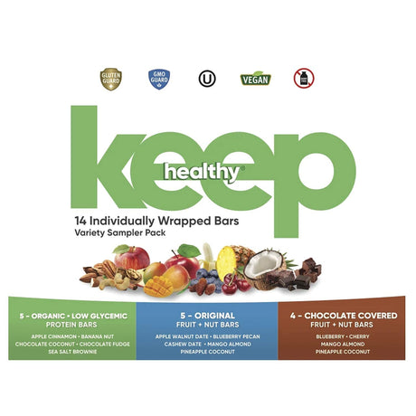 Keep Healthy - 14 Bars Individually Wrapped with Delicious Variety of Flavors, 100% Plant Based, NON-GMO, GLUTEN-FREE, KOSHER and VEGAN! (Sampler Variety Pack)