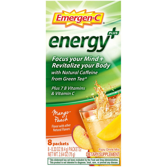 Emergen-C Energy+, with B Vitamins, Vitamin C and Natural Caffeine from Green Tea (8 Count, Mango Peach Flavor) Dietary Supplement Drink Mix, 0.33 Ounce Powder Packets