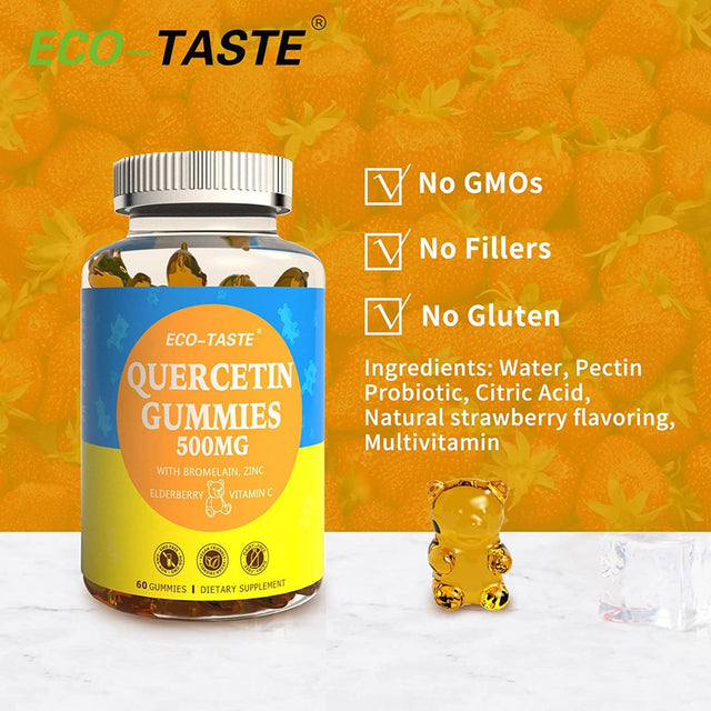 Eco-Taste Quercetin Gummies 500Mg with Vitamin C, Bromelain, Zinc, and Elderberry for Adults, 60 Gummies