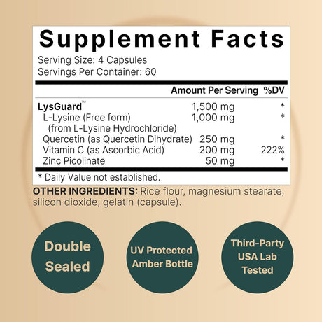 Naturebell L-Lysine 1,000Mg Capsules + Quercetin 250Mg with Vitamin C and Zinc, 240 Count | Free Form Amino Acids, L Lysine Complex | Immune Support, Lip & Skin Health Supplement