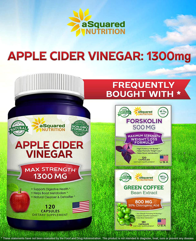 Asquared Nutrition Apple Cider Vinegar Supplement (120) - Extra Strength 1300Mg - ACV Pills for Pure Weight Loss, Detox, Digestion & Immune Support - All Natural Apple Cider Cleanse & Immunity Booster