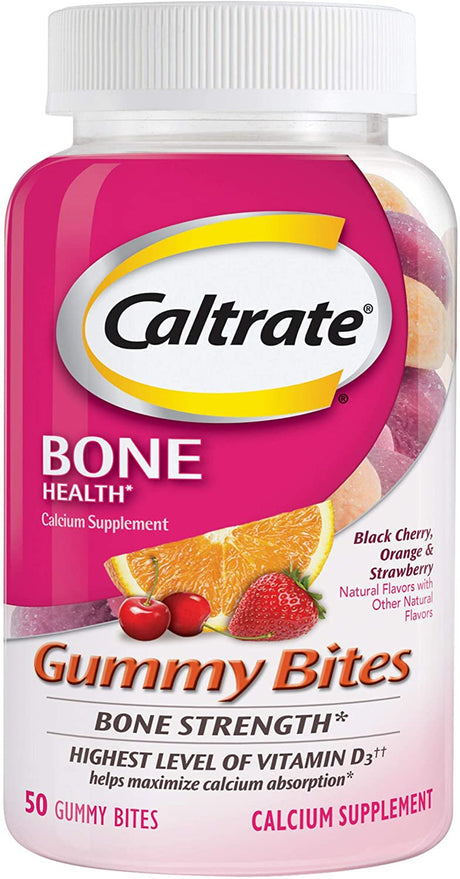 Caltrate Gummy Bites (Black Cherry, Strawberry, Orange Flavors, 50 Count) Calcium and Vitamin D3 Supplement, 500 Mg