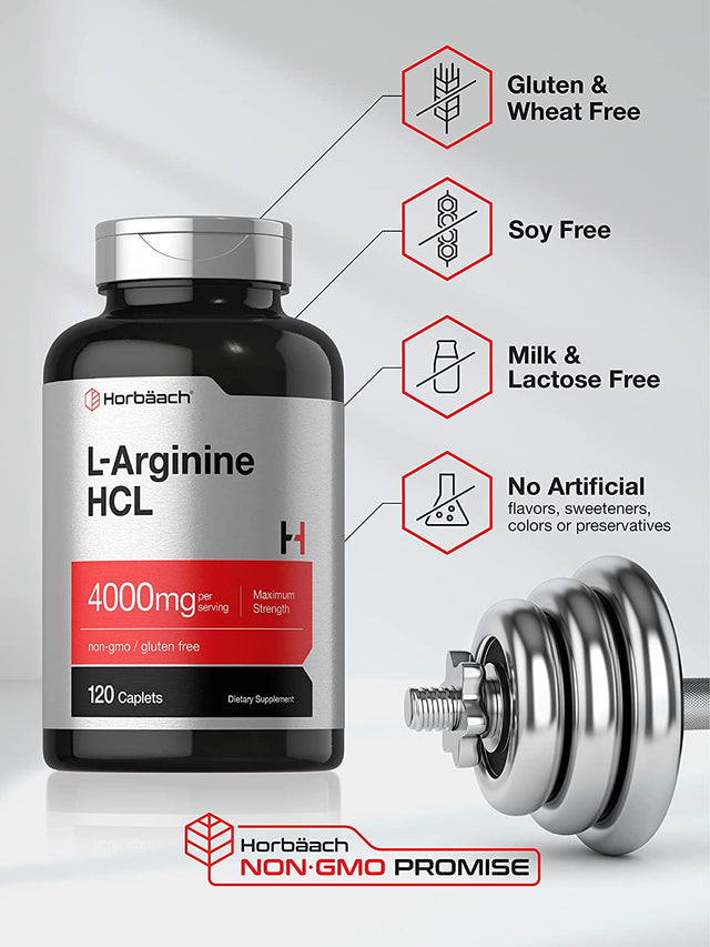 L-Arginine 4000Mg | 120 Caplets | Maximum Strength Nitric Oxide Precursor | Vegetarian, Non-Gmo, Gluten Free Supplement | by Horbaach