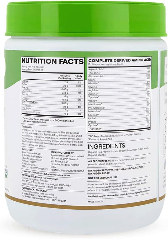 Organic Plant Protein Powder | 500 Gm | (30G Vegan Protein - Pea Protein A, Brown Rice Protein & Quinoa, Soy Free) for Everyday Fitness, Boosts Immunity, Unflavored (1.1 Lb)