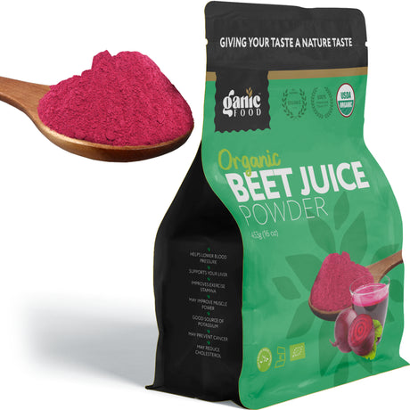 Organic Beet Root Juice Powder by Ganic Food | Cold Pressed and Water Soluble Beet Juice | USDA Organic Beet Juice Pre-Workout Concentrated Powder | Contains Natural Nitrates Acid for Energy & Immune