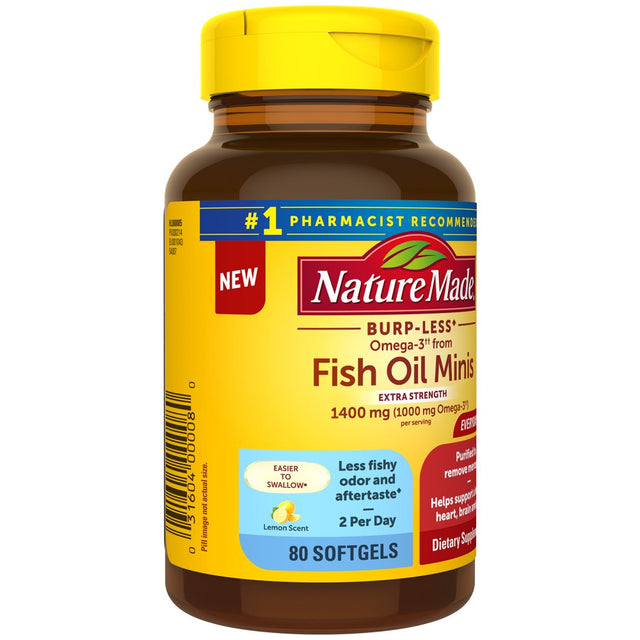 Nature Made Extra Strength Burp Less Omega 3 Fish Oil Supplements 1400 Mg Minis Softgels, 80 Count