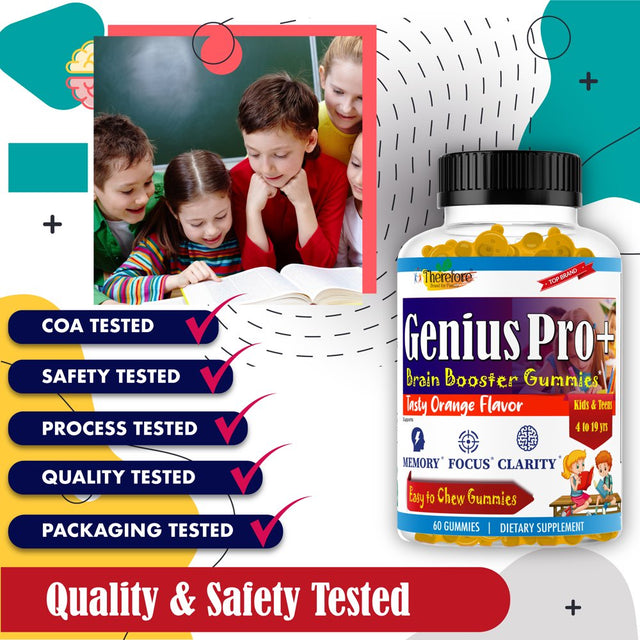 Geniuspro+ Kids Brain Focus Supplements with Omega 3, Support Focus, Memory, Attention, Mood, Chewable Nootropics Brain Vitamins for Kids & Teens, Brain Health Supplement, Fruity Flavor 60 Gummies