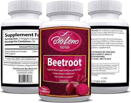 Bioleno Premium Red Beetroot Powder Capsule - Natural Beet Root Powder Helps Supports Blood Pressure, Athletic Performance, Digestive, Immune System - Non-Gmo & Gluten-Free | 60 Capsules