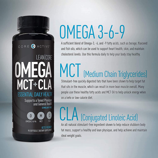 Lean CORE Omega MCT + CLA - Stimulant Free Health Formula, Lean Muscle & Toned Physique, Omega 3-6-9 Fatty Acids - Flaxseed Fish Oil- Coconut Oil- Keto Friendly 30 Day Supply (90 Softgels)