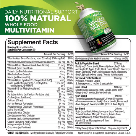 Nutrivein Whole Food Multivitamin - Complete Daily Vitamins for Men and Women - 120 Capsules