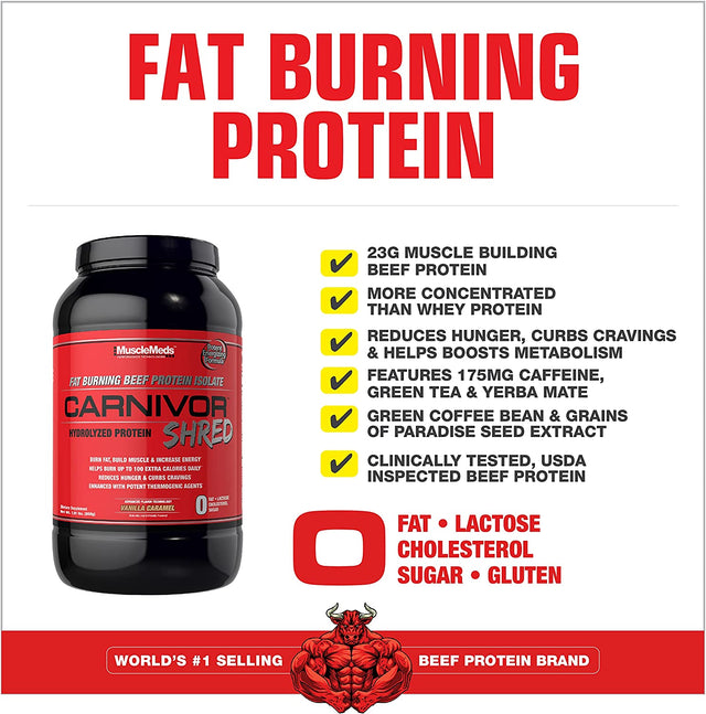 Musclemeds Carnivor Shred Fat Burning Hydrolized Beef Protein Isolate, 0 Lactose, 0 Sugar, 0 Fat, Vanilla Caramel, 2 Pound, 28 Servings