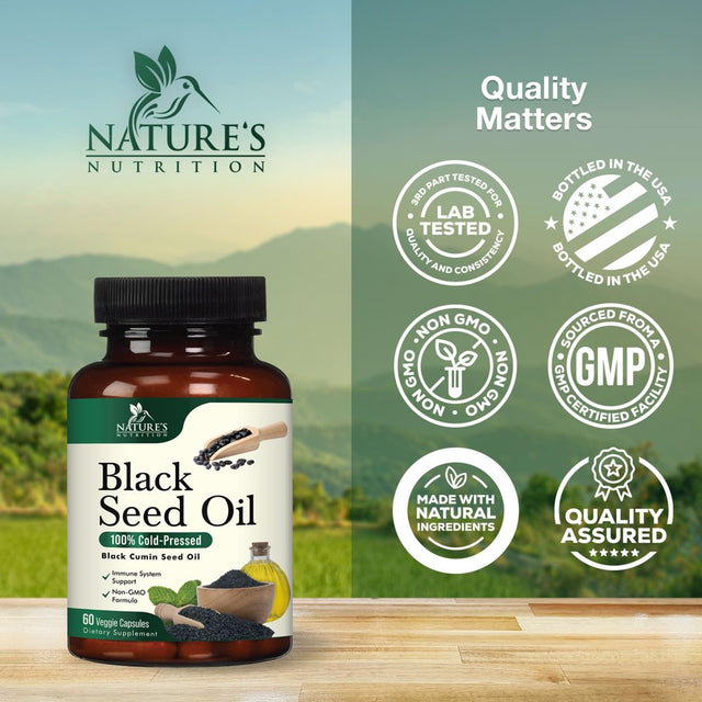 Black Seed Oil Capsules 1000Mg - Vegan Cold-Pressed Nigella Sativa Black Seed Oil, Nature'S Pure Black Cumin Seed Oil for Immune, Hair and Brain Support, Non-Gmo - 60 Capsules