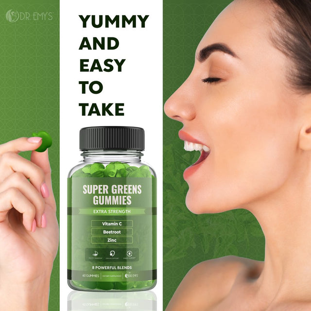 Dr. Emy'S Super Greens Gummies 8 Powerful Blends Support Healthy Digestion & Immune Support Gummy Supplement Super Food for Kids & Adults Vegan Natural Rasberry Flavor Daily Vitamin 60 Ct Each