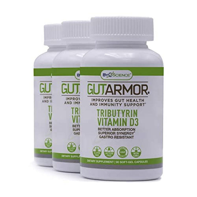 GUT ARMOR by Byoscience - Supports Gut Health & Immunity - Ultra-Pure Butyrate in Form of Tributyrin and Vitamin D3 3000 IU 500Mg - Maximum Absorption to Support Gut Microbiome - 90 Soft Gel Capsules