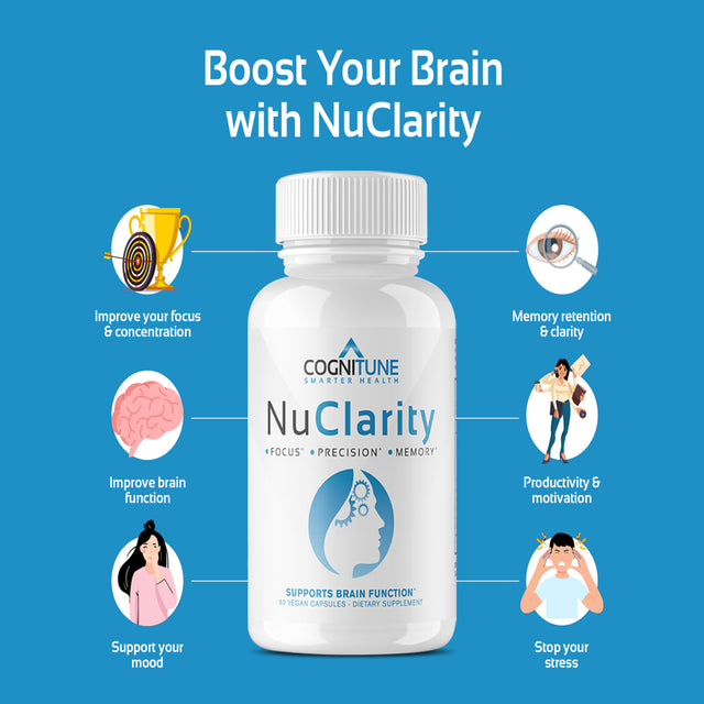 Cognitune Nuclarity Nootropic Brain Supplements for Memory and Focus, Mental Clarity with Ginkgo Biloba, Phosphatidylserine, Alpha Gpc, Bacopa, Rhodiola, Huperzine A, Dietary Supplements - 60 Capsules