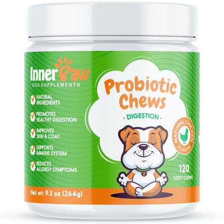 Inner Paw Probiotic Chews for Dogs - Digestive Enzymes - Diarrhea - Bad Breath - Gut & Immune Health - Probiotic and Prebiotic Supplement - 120 Soft Chews