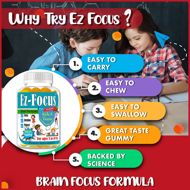 Ez-Focus Kids Brain Focus Chewable Gummies Supplements, Attention & Memory Help Formula for Children and Teens, Natural Omega DHA, Study Task Support