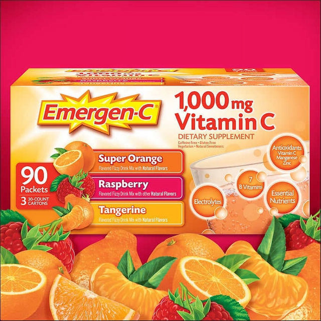 Emergen-C Vitamin C 1000Mg 90 Packets 3 Variety Cartons NET Wt 29.1 Ounce (828G)